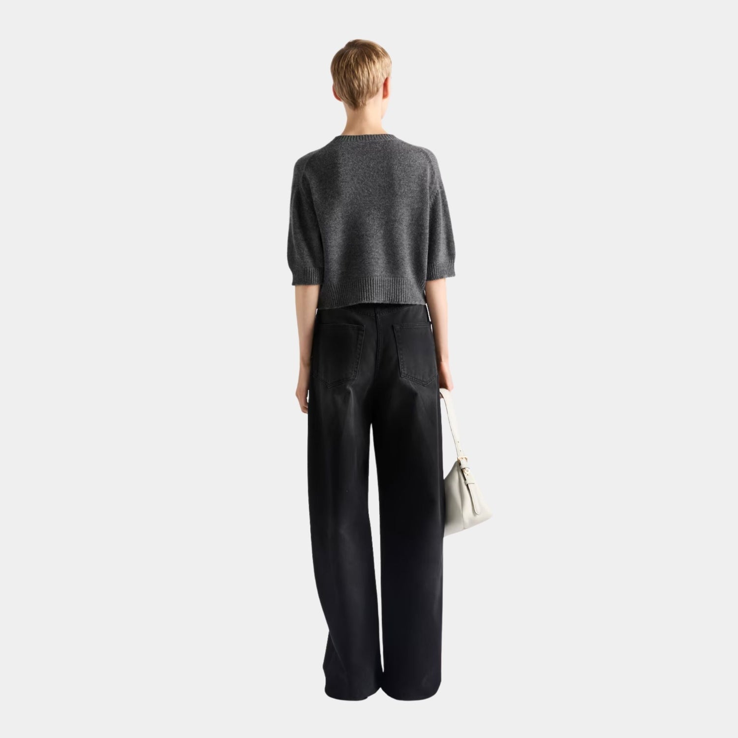Slate Gray Wool Cashmere Crew-neck Short Sleeved Sweater