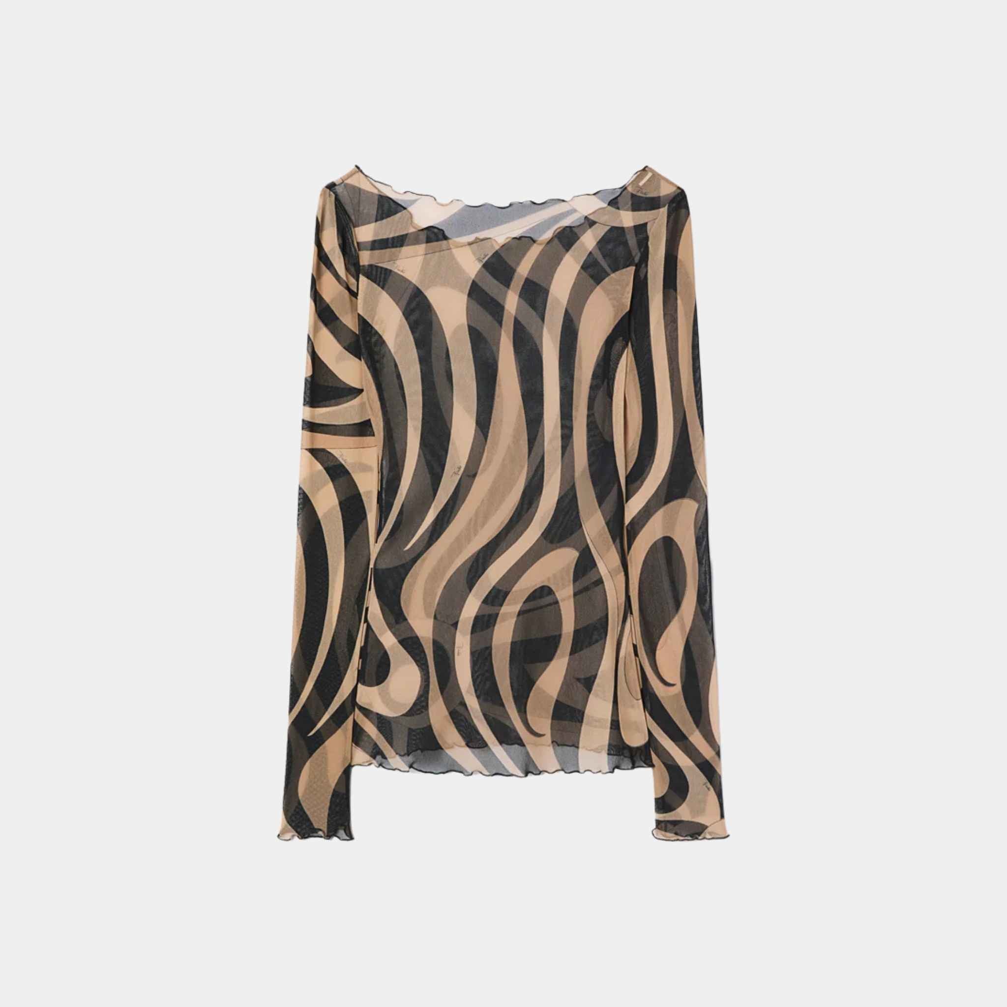 Marmo Print Tulle Top With Boat Neckline