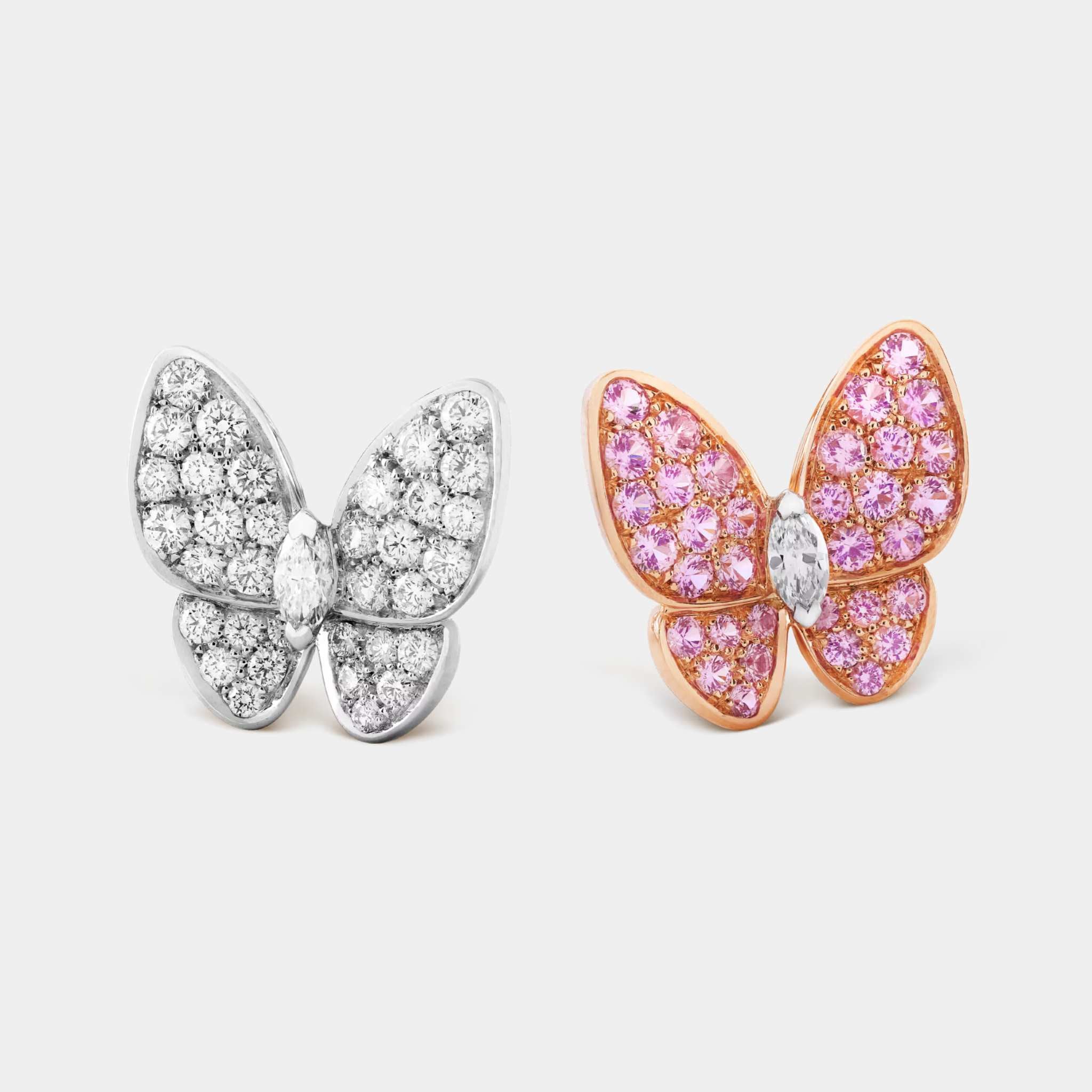 Two Butterfly Earrings in White Gold Diamond &amp; Sapphire
