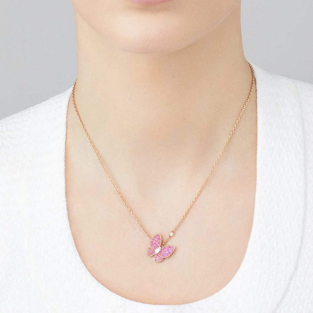 Two Butterfly Pendant Rose Gold Diamond Sapphire