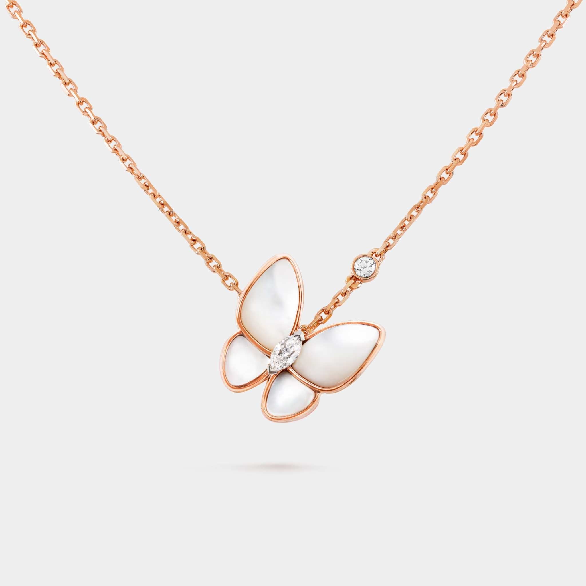 Two Butterfly Pendant in Rose Gold Diamond &amp; Pearl