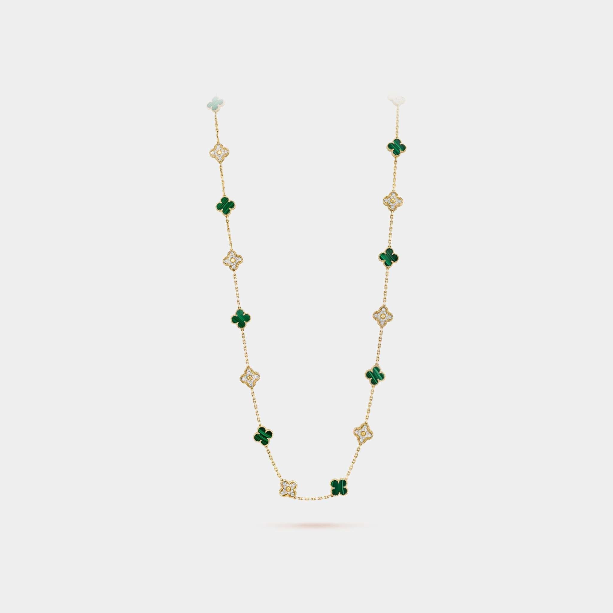 Vintage Alhambra Necklace 20 Motifs Yellow Gold &amp; Malachite
