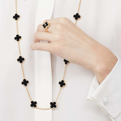 Vintage Alhambra Long Necklace 20 Motifs Yellow Gold Onyx