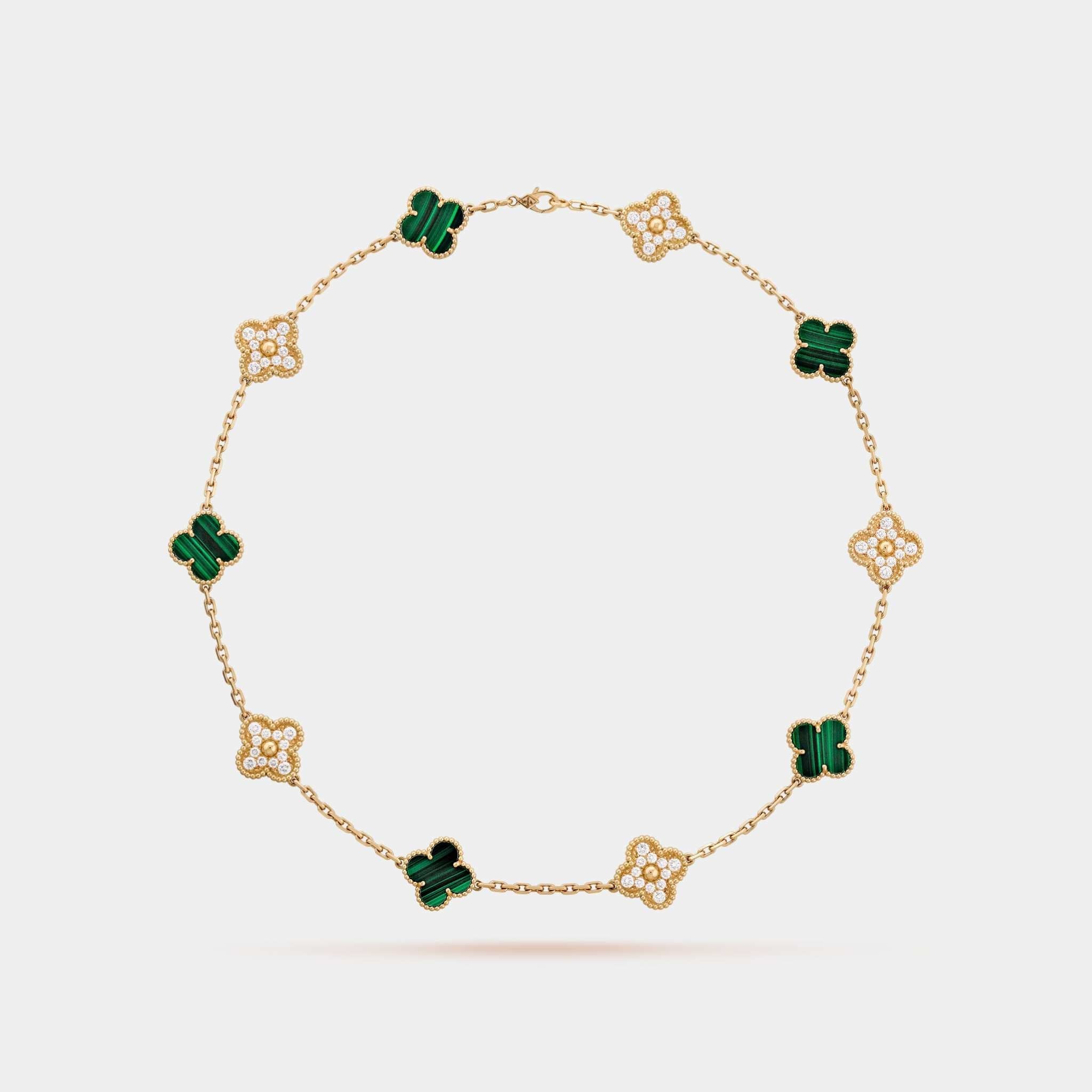 Vintage Alhambra Necklace 10 Motifs Yellow Gold Diamond Malachite